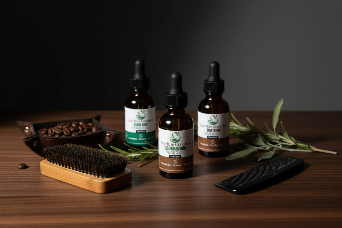 Your Beard Oils on dark wood with grooming tools. Masculine, sophisticated aesthetic with rich browns and warm tones.