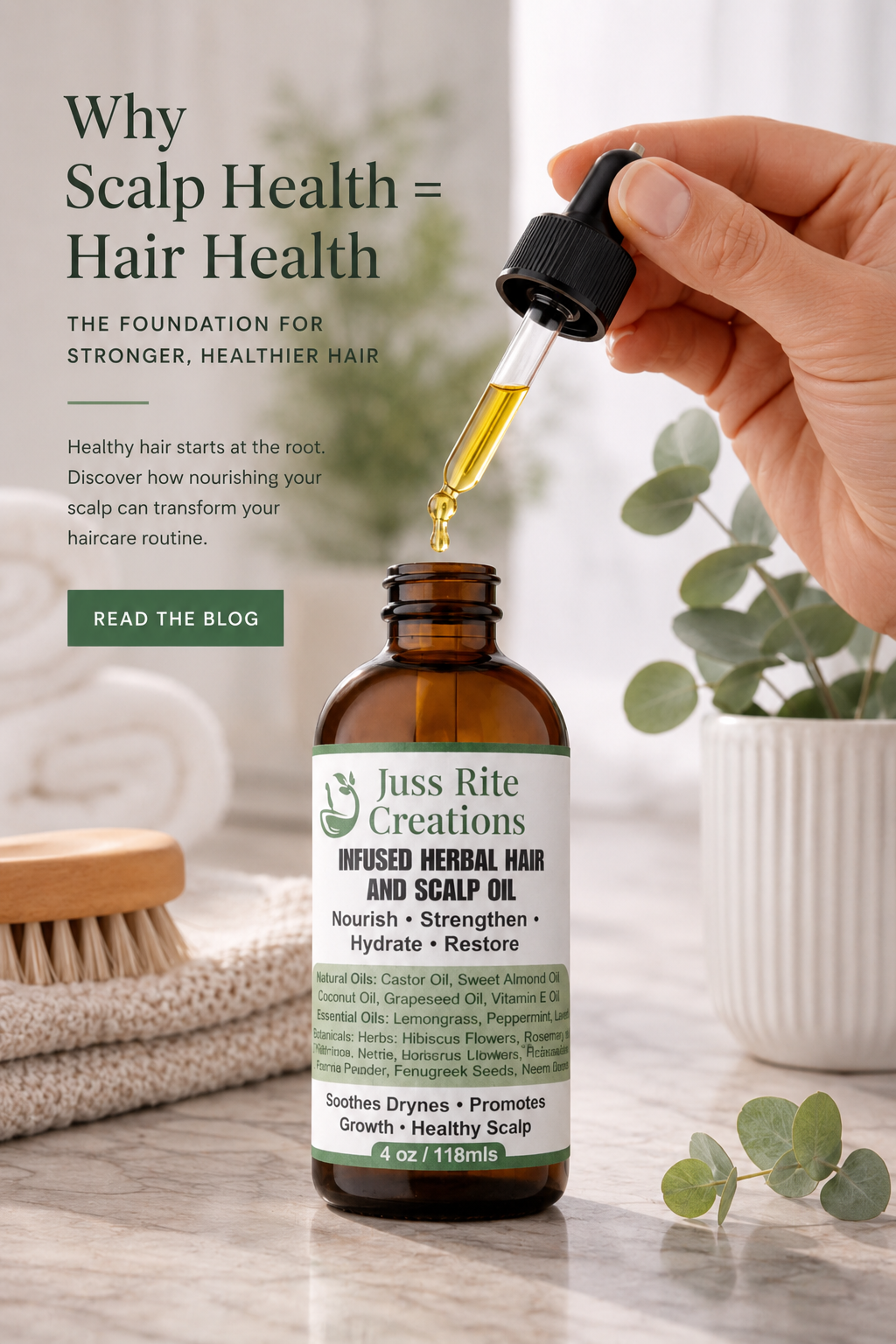 A bottle of Juss Rite Creations infused herbal hair and scalpoil with dropper