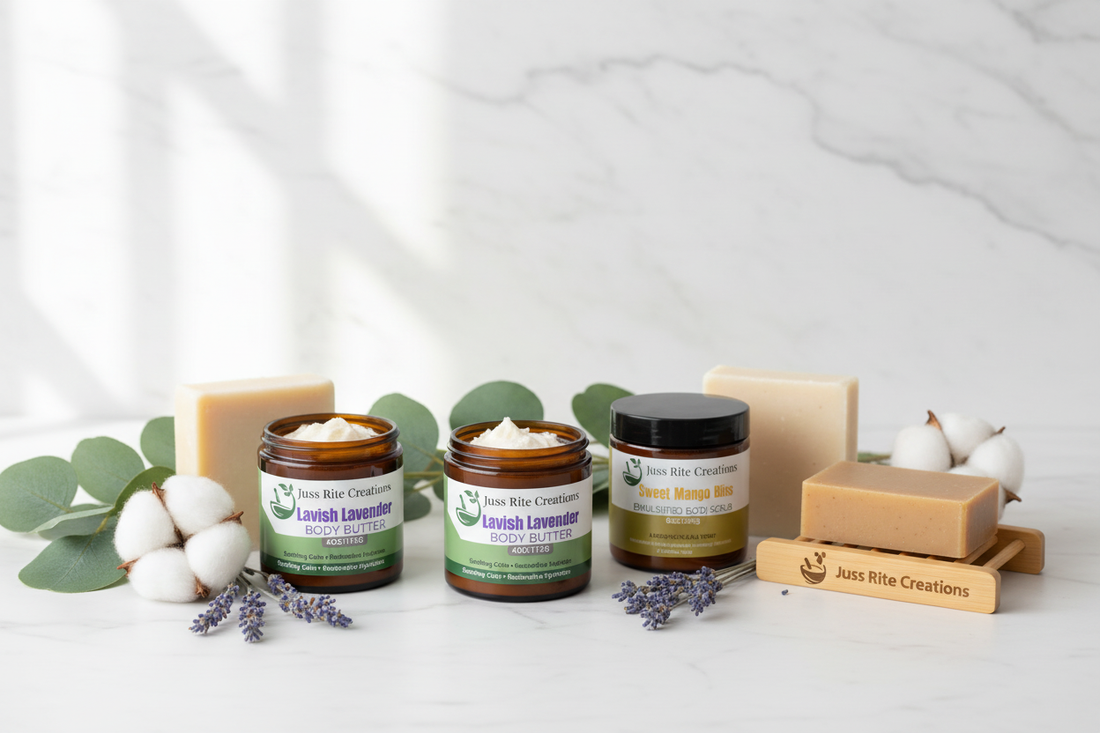 Your Body Butters, Sugar Scrubs, and Soap Bars arranged on white marble with botanical elements. Elegant, spa-inspired aesthetic with soft natural lighting.