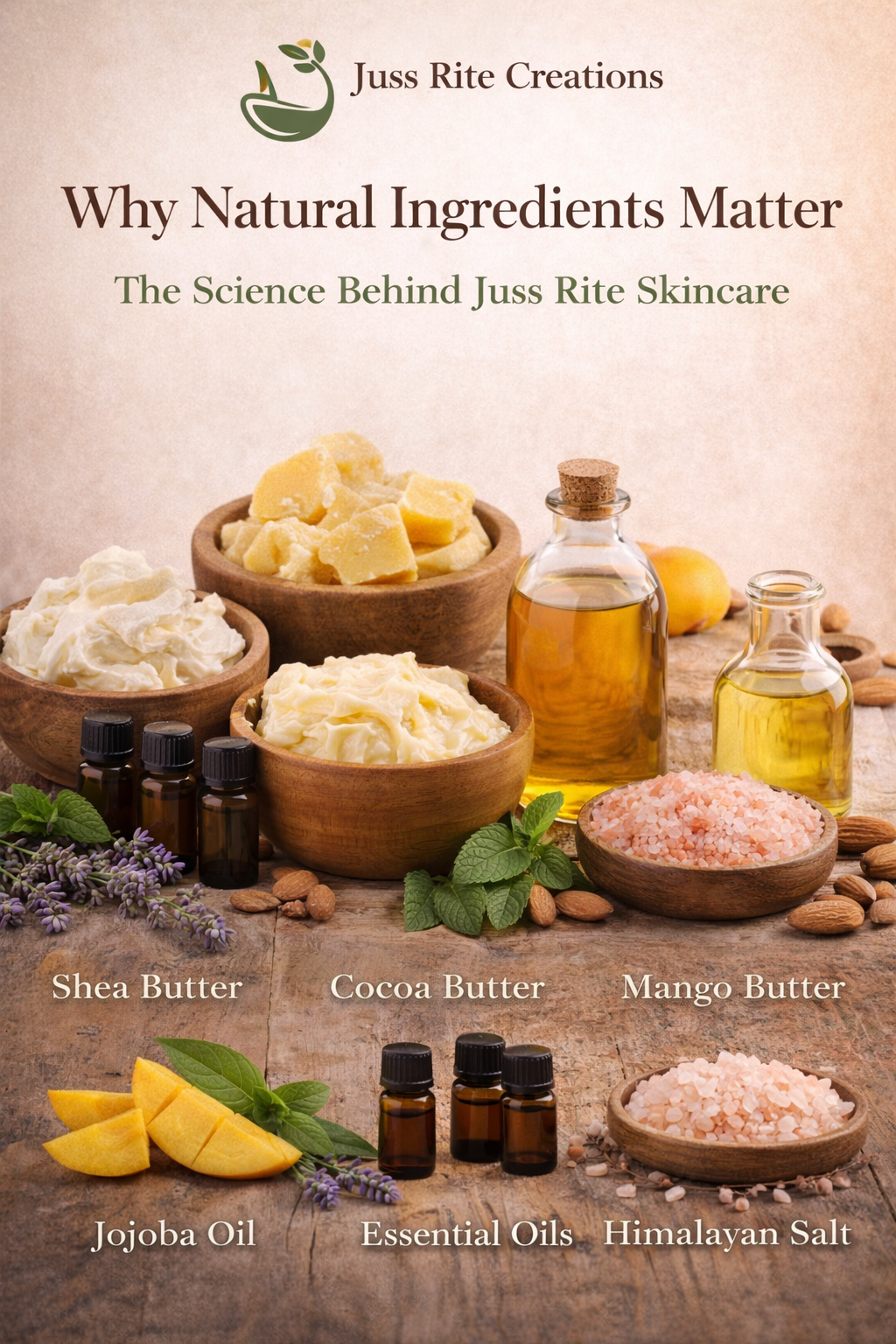 Poster Showing some natural ingredients used by Juss Rite Creations in their products
