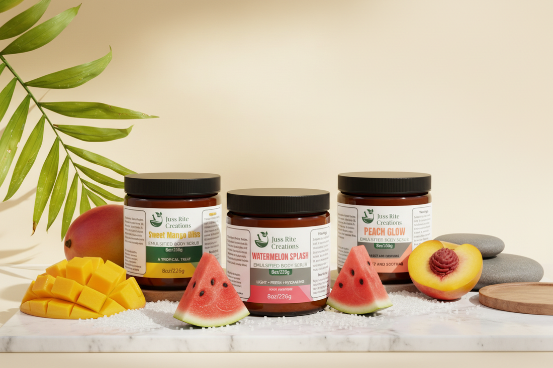 colorful Emulsified Sugar Scrubs with tropical fruit props (mango, peach, watermelon). Bright, fresh, energetic composition