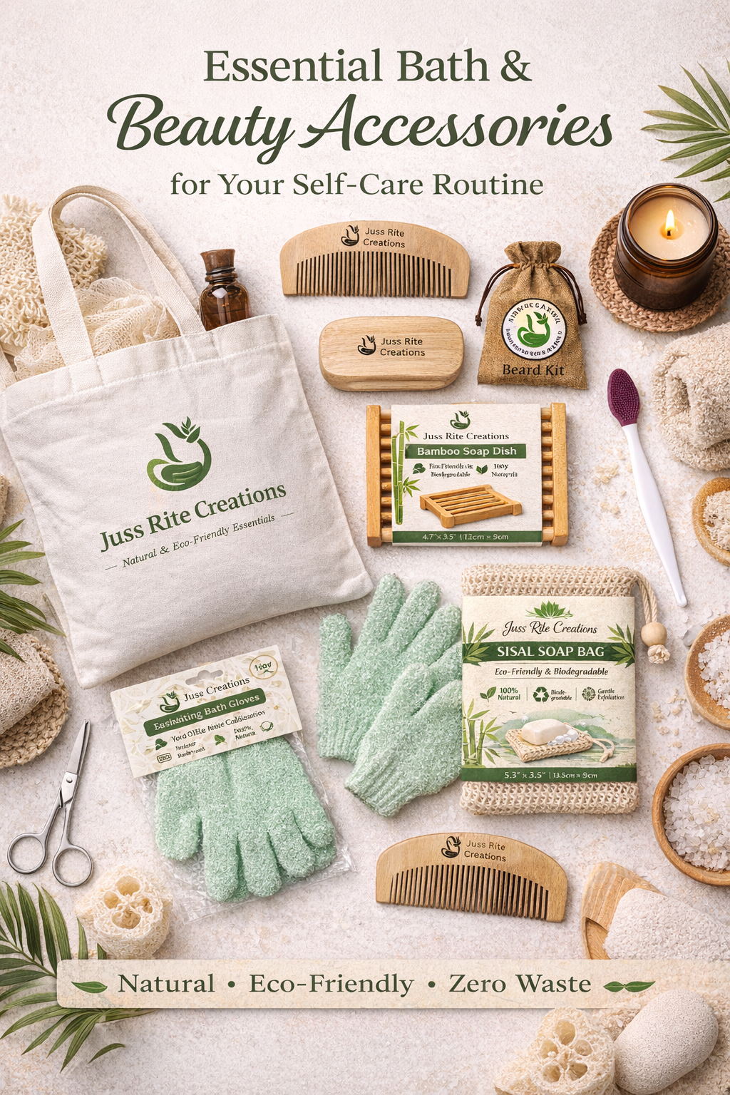 Flat-lay mockup of Juss Rite Creations accessories on a neutral background, featuring a branded tote bag, bamboo soap dish, sisal soap bag, lip brush, exfoliating gloves, and a beard kit, styled with natural, eco-friendly accents.
