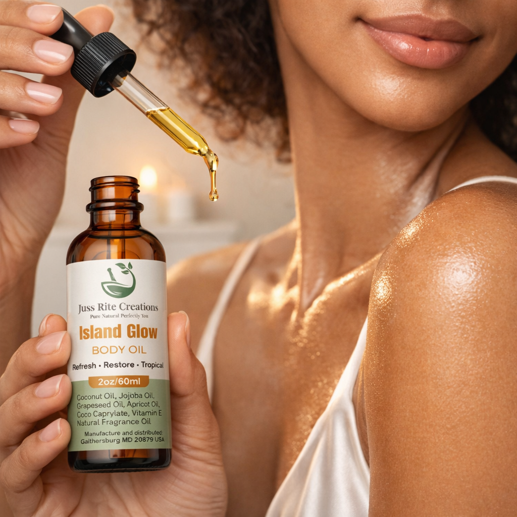 Woman using Juss Rite Creations body oil