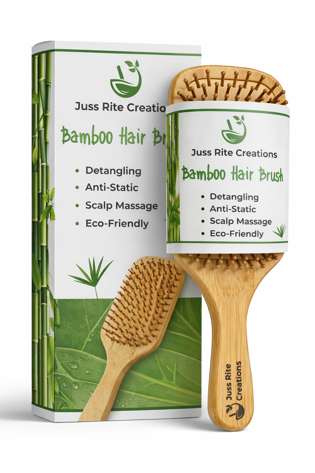 Bamboo hair brush with packaging displaying 'Juss Rite Creations' on a white background.