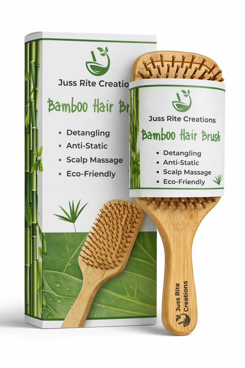 Bamboo hair brush with packaging displaying 'Juss Rite Creations' on a white background.