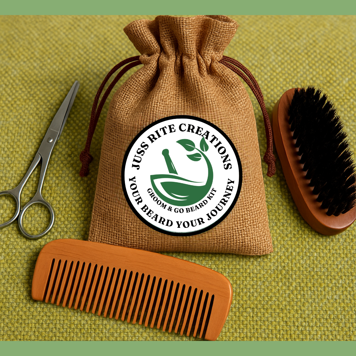 Beard grooming kit with a brown drawstring bag, comb, scissors, and brush on a green textured background.