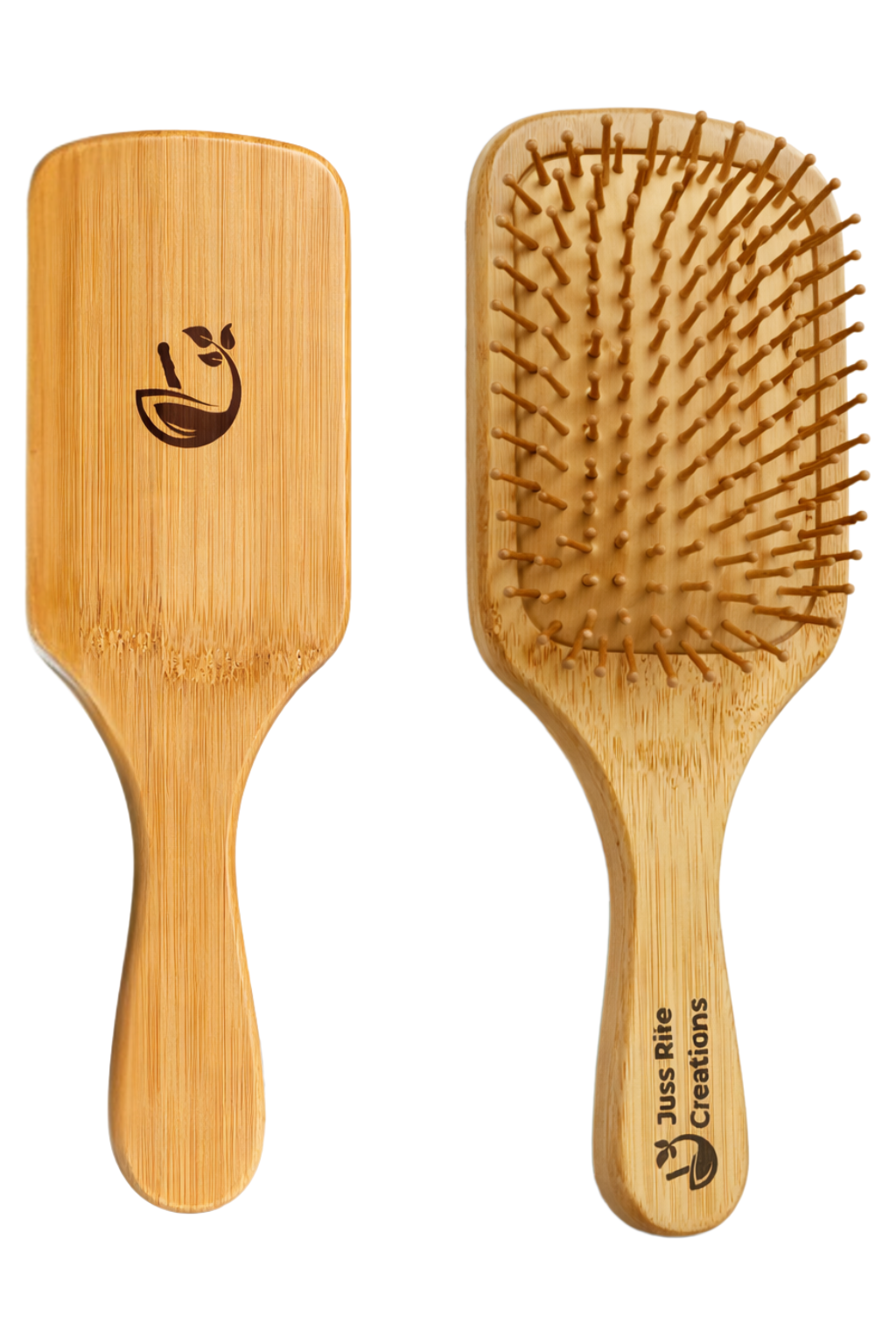 Two wooden hairbrushes on a white background, one paddle brush and one bristle brush.