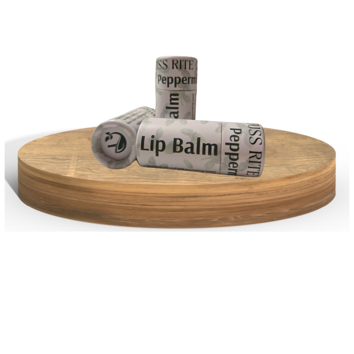 Three lip balm tubes wrapped in paper on a wooden stand with a white background