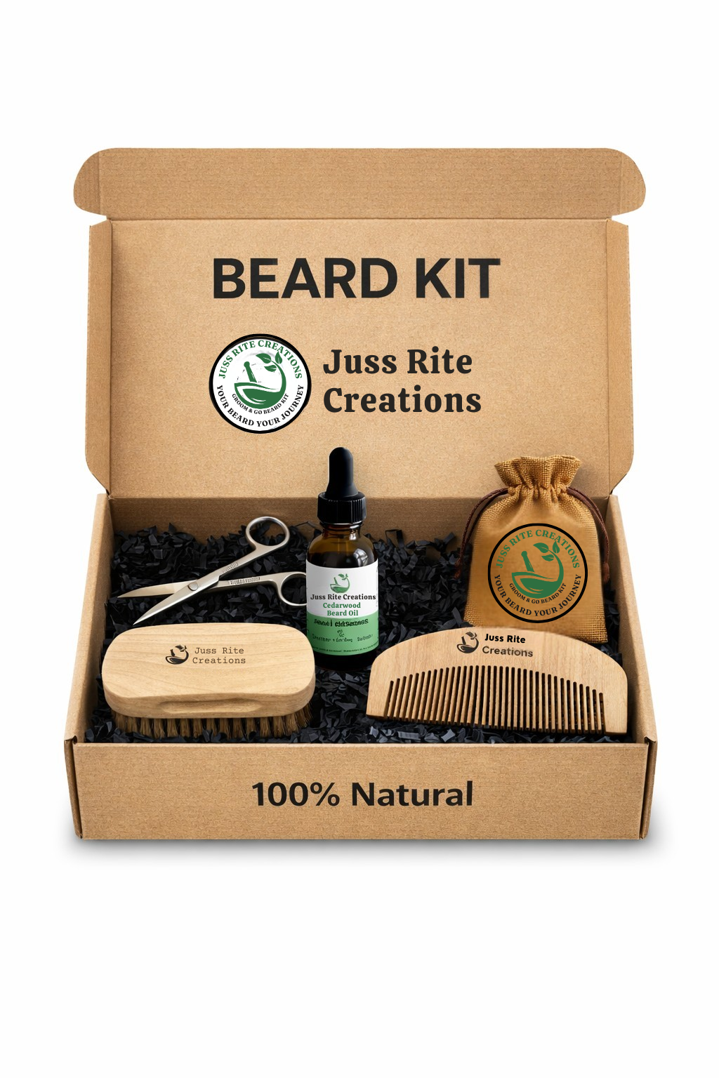 Beard kit with various grooming items in a cardboard box labeled 'Just Rite Creations'.