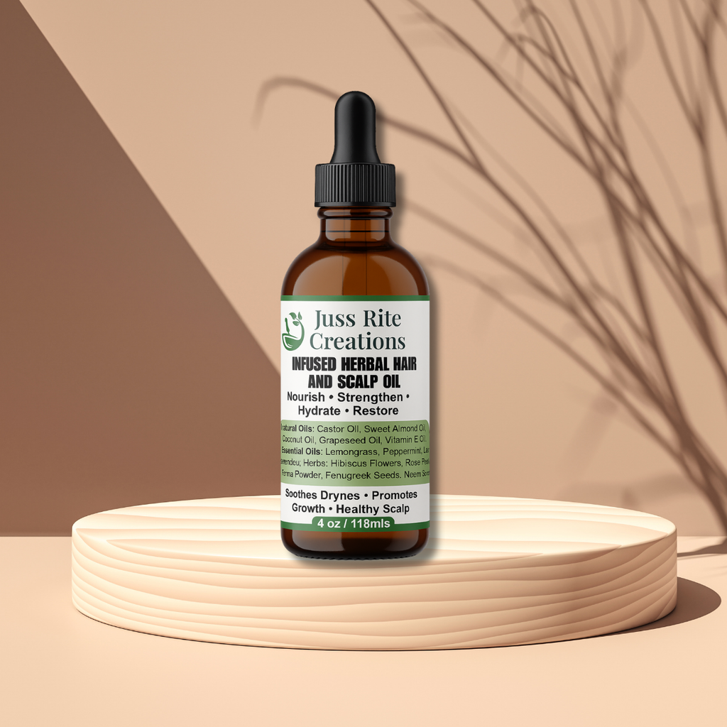 Bottle of Juss Rite Creations infused herbal hair and scalp oil on a beige background
