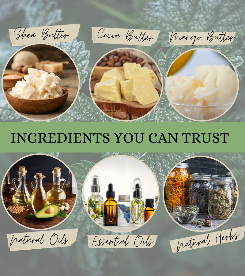 Collage of natural ingredients including shea butter, cocoa butter, mango butter, natural oils, essential oils, and natural herbs with a green background.