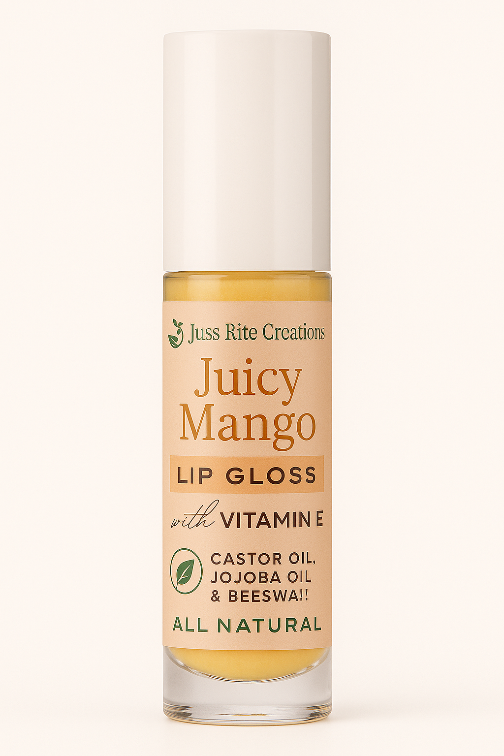 Lip gloss bottle labeled 'Juicy Mango' with natural ingredients on a white background