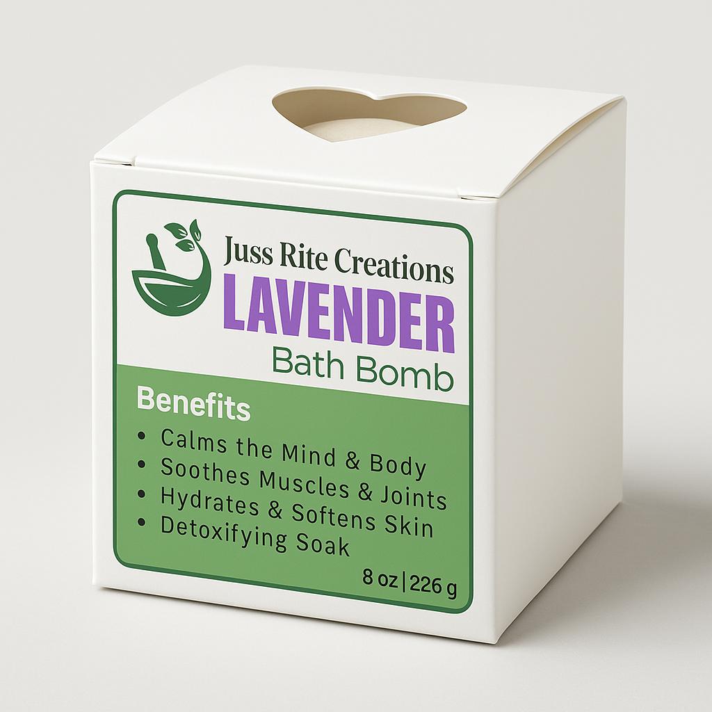 Juss Rite Creations lavender bath bomb packaging on a white background