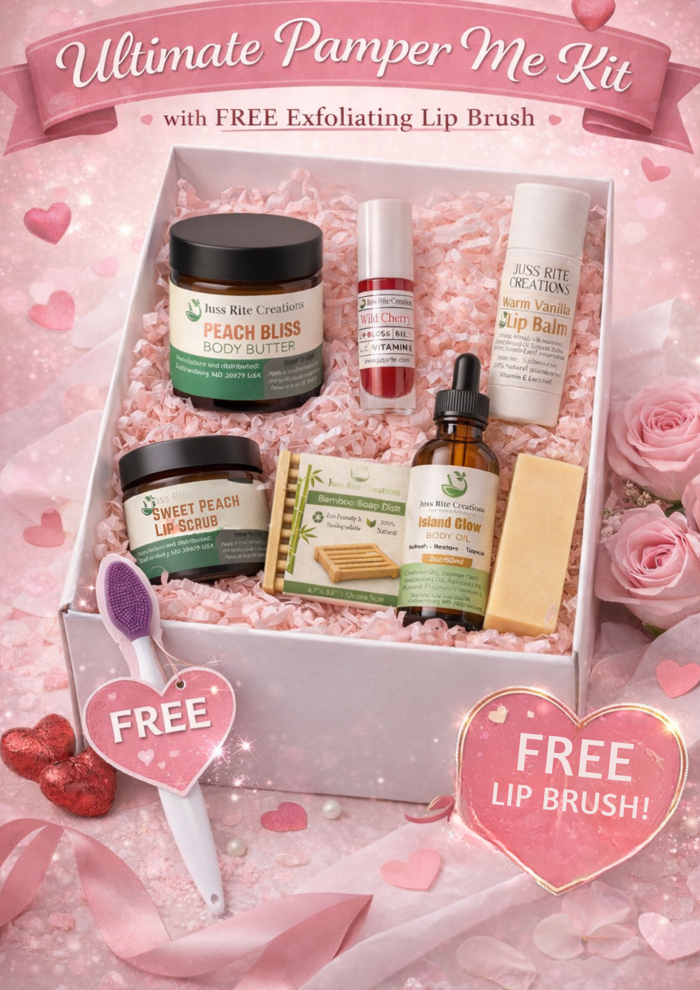 Pamper kit with various skincare products on a pink background