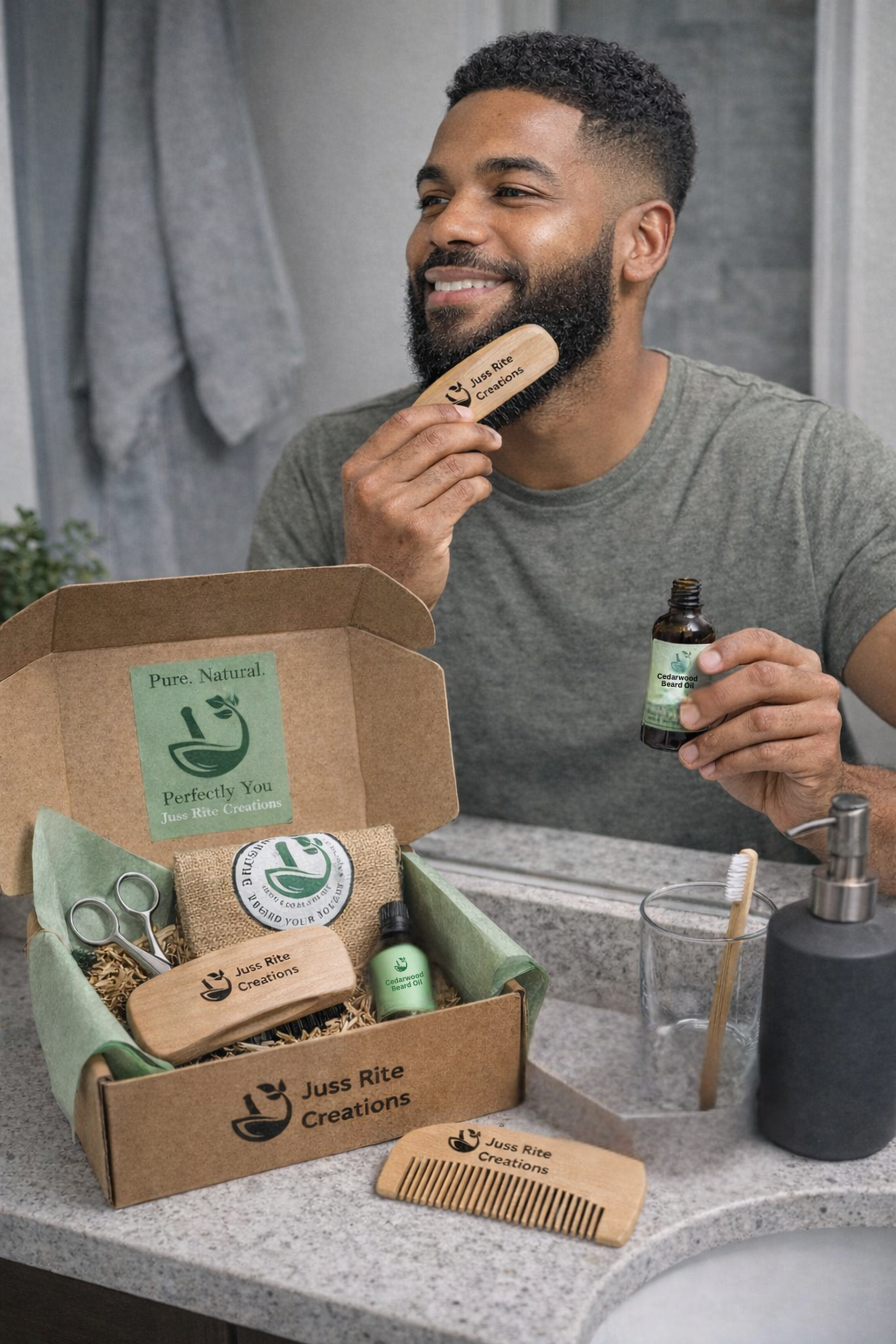 Man holding a bottle and a brush with 'Pure Natural' products in a box on a bathroom counter.