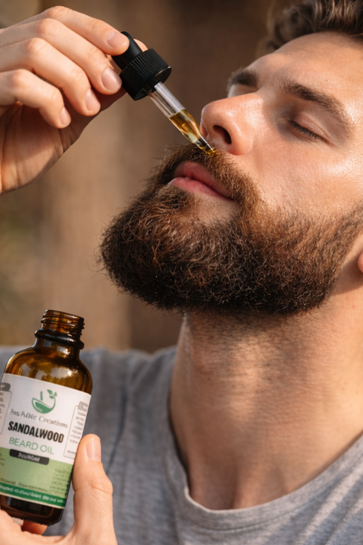 Man applying sandalwood beard oil to his beard with a dropper bottle.