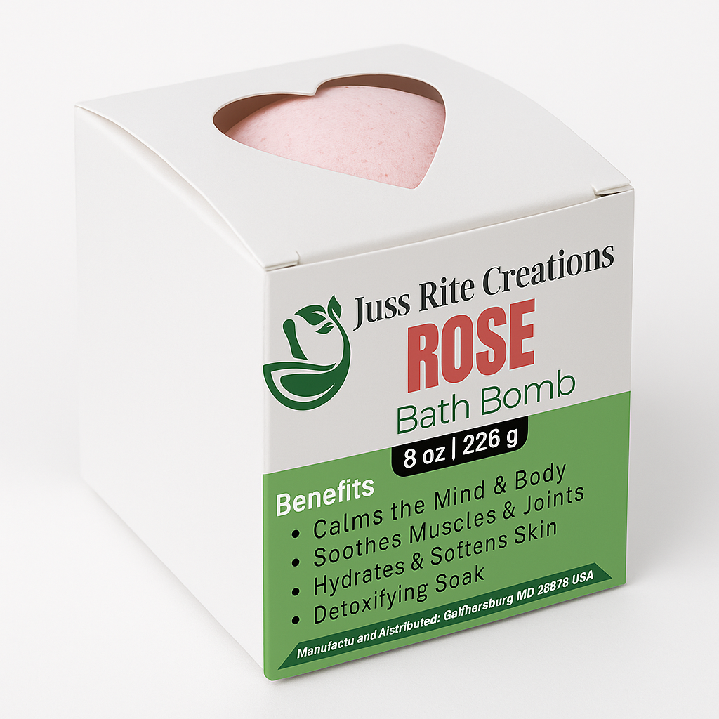 Juss Rite Creations Rose Bath Bomb packaging on a white background