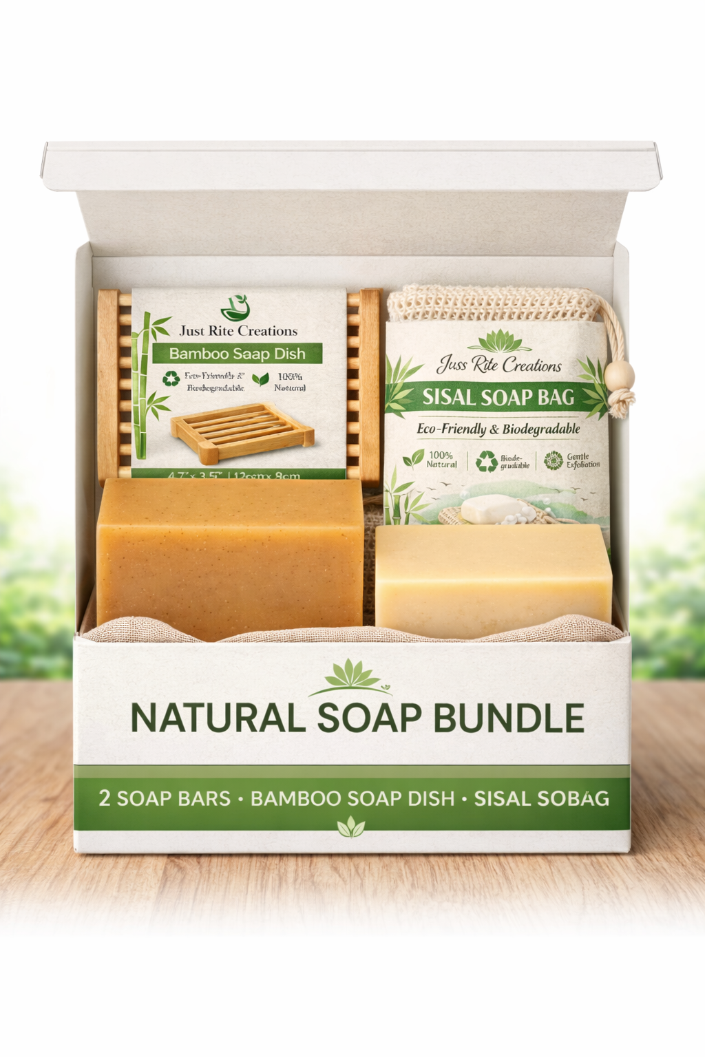 Natural soap bundle with soap bars, bamboo soap dish, and sisal soap bag in a box.