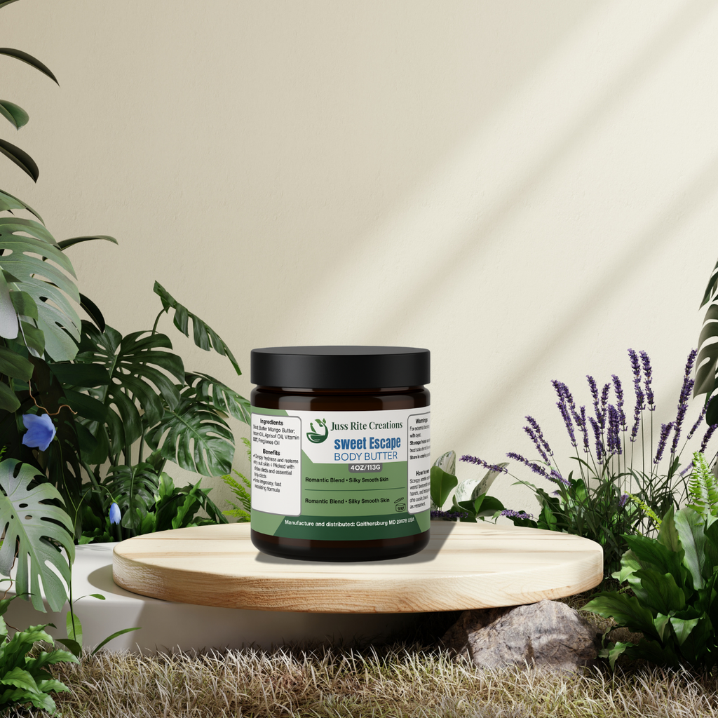 Jar of 'Sweet Escape' product on a wooden stand with plants in the background