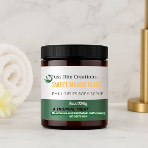 Jar of 'Sweet Mango Bliss' body scrub with a label on a light background