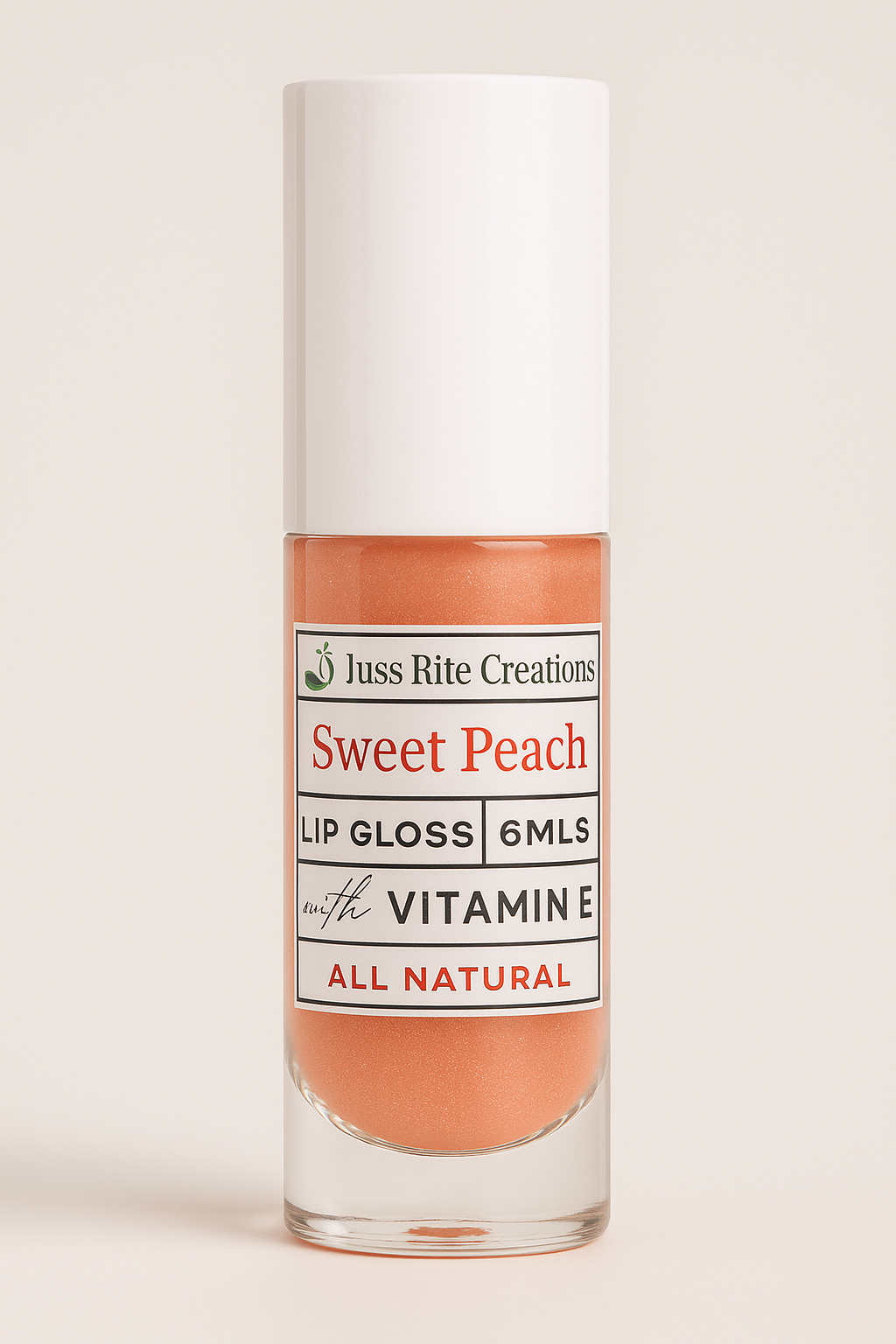 Lip gloss container labeled 'Sweet Peach' with a white cap on a light beige background