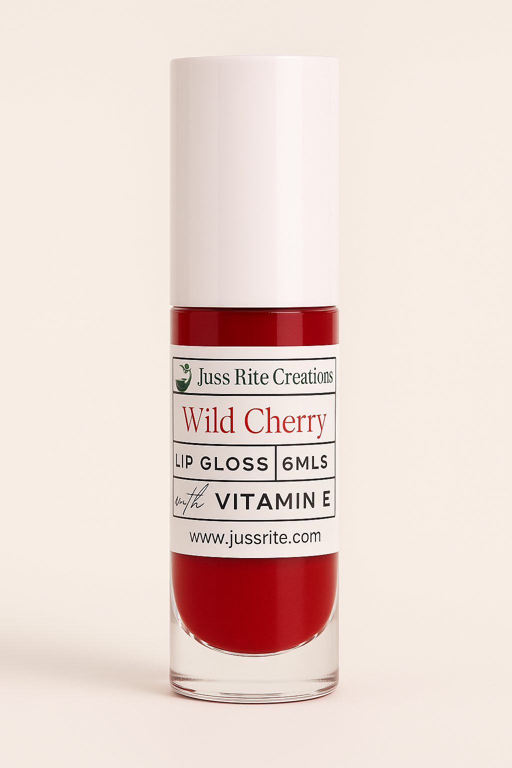 Red lip gloss bottle with white cap on a beige background