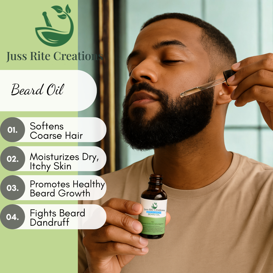Man applying beard oil with Juss Rite Creations product and features displayed.