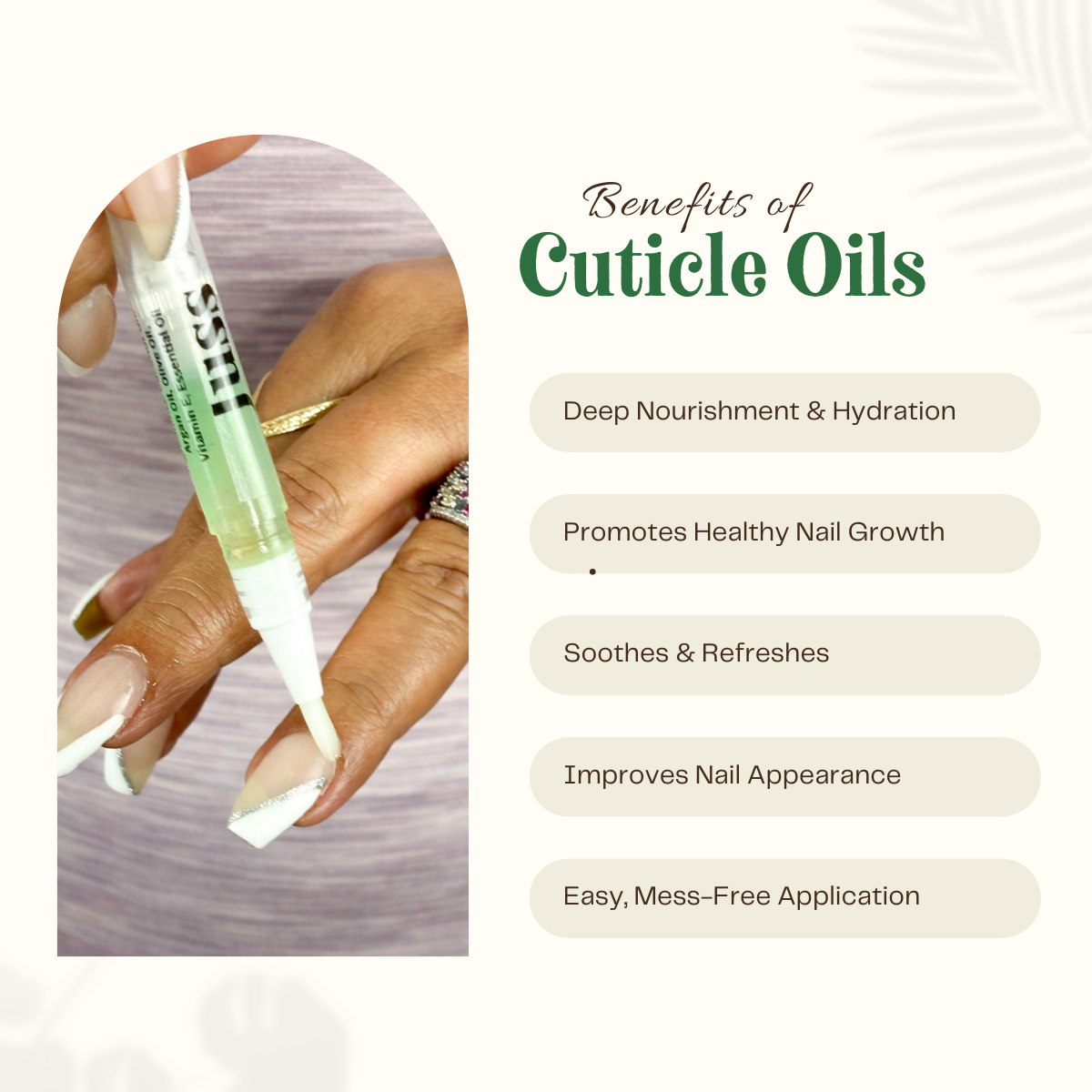 Cuticle oil with a hand applying it, featuring benefits of cuticle oils on a white background.