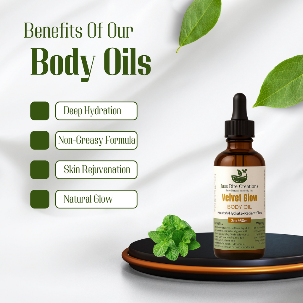 Body oil bottle with benefits listed on a white background