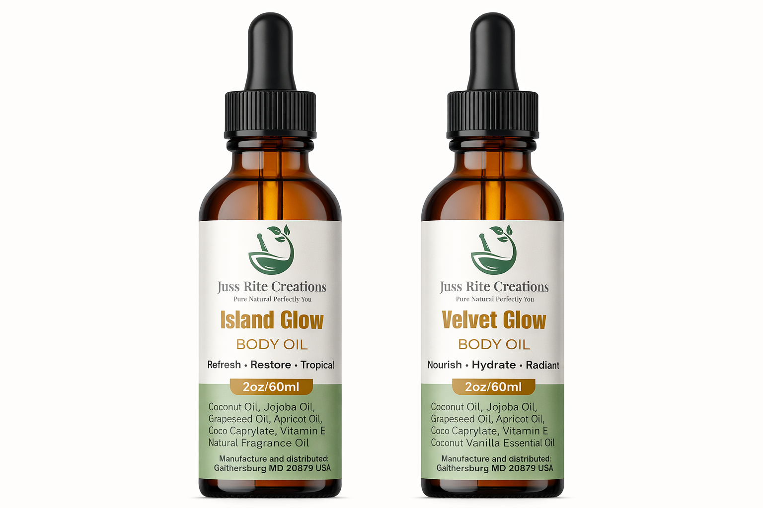 Two bottles of Juss Rite Creations body oil on a white background