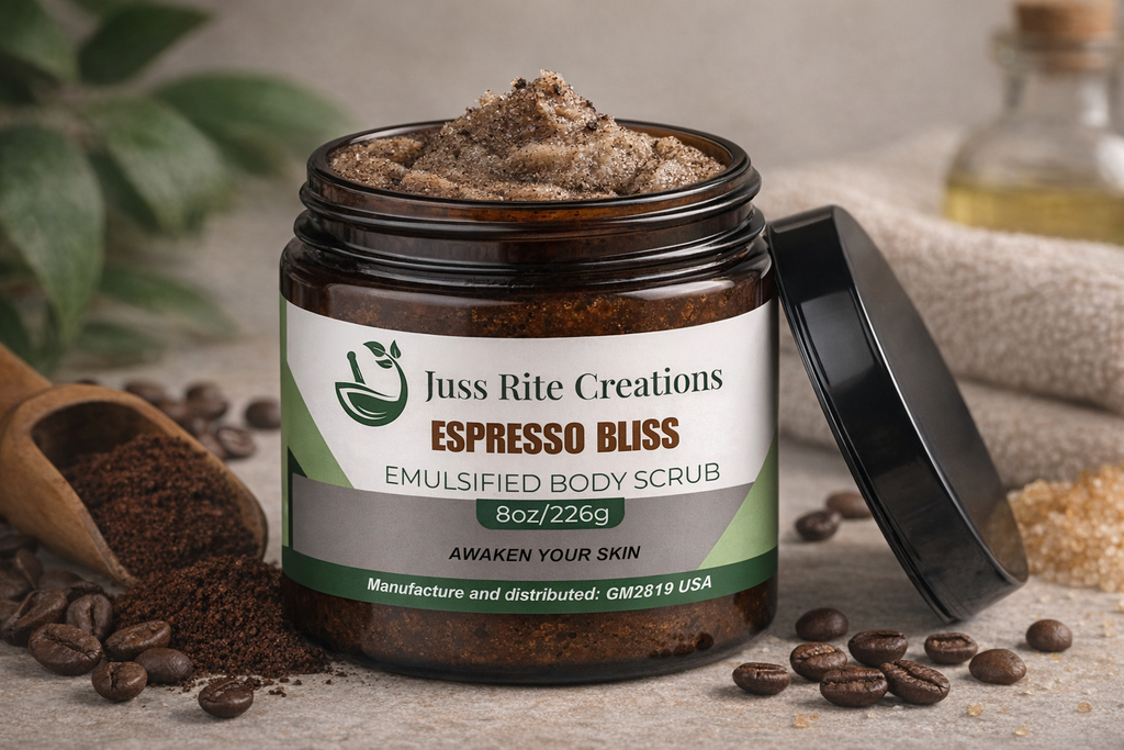 Juss Rite Creations Espresso Bliss emulsified body scrub jar with coffee beans and a scoop on a wooden surface.