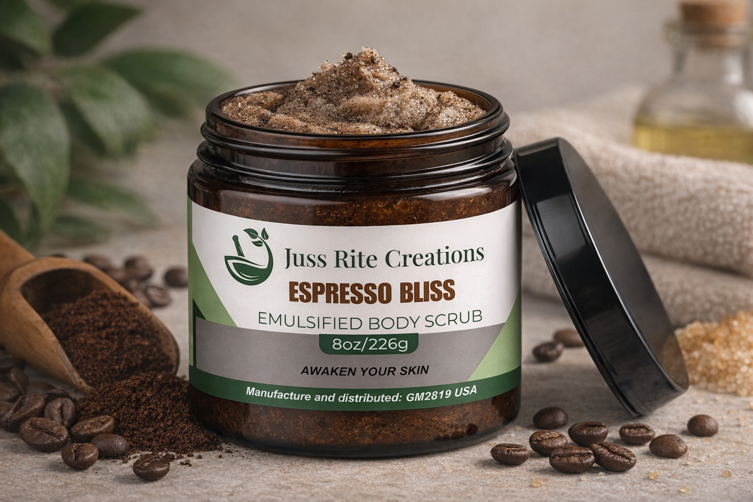 Juss Rite Creations Espresso Bliss emulsified body scrub jar with coffee beans and a scoop on a wooden surface.
