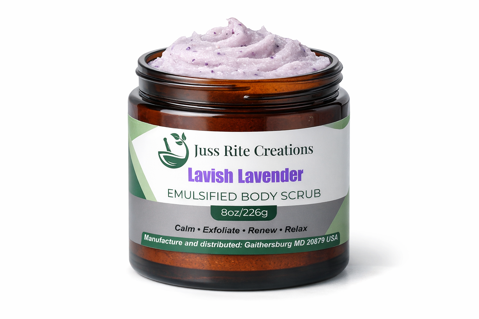 Jar of Lavish Lavender emulsified body scrub with visible brand label on a white background