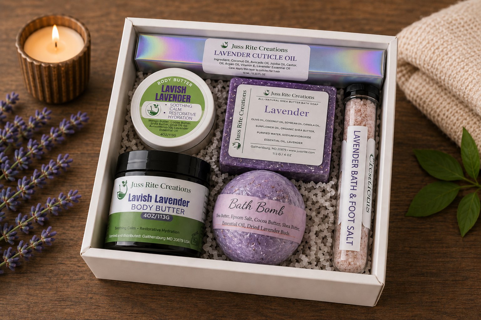 Juss rite Creations Lavender pamper kit with bath bomb, soap bar, body butter, bath salt and cuticle oil. 