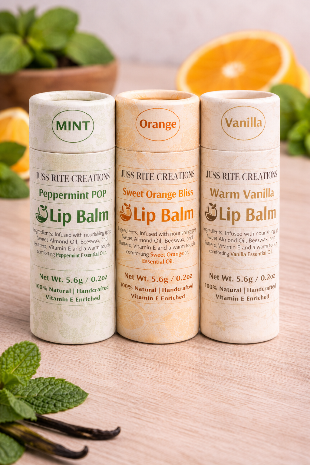 three lip balms three different flavor mint, orange, vanilla