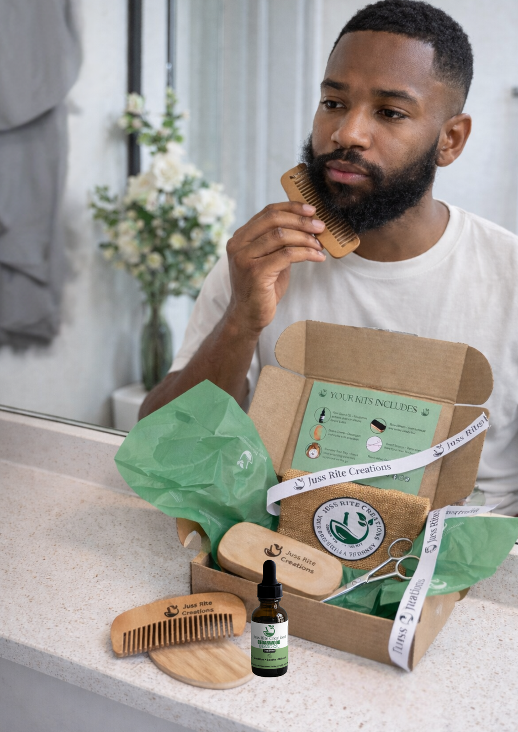 A man using a beard comb from a Juss Rite Creations Grom and Go Beard Kit