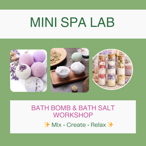 Advertisement for a bath bomb and bath salt workshop with images of bath bombs and salts on a green background.