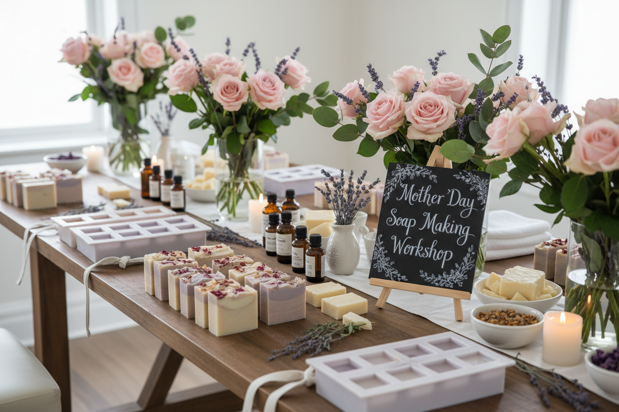 Table setup for a Mother's Day soap making workshop with flowers, soap bars, and a sign.