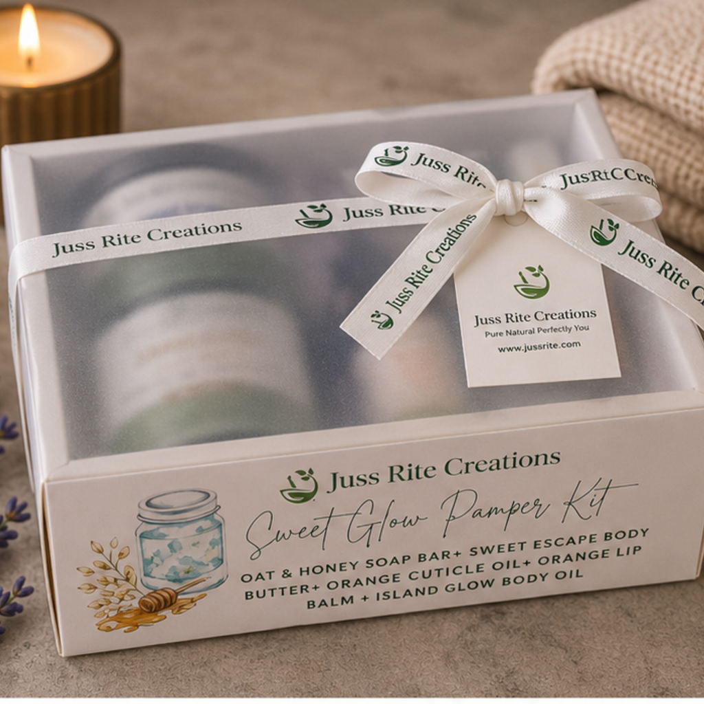 Juss Rite Creations Sweet Glow Pamper Kit with body butter and soap bar in a box.