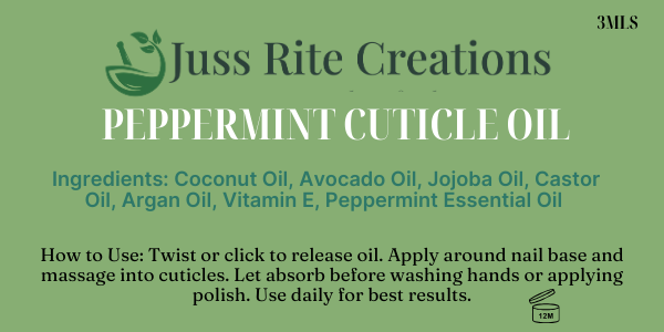 Juss Rite Creations peppermint cuticle oil packaging with ingredients and usage instructions.