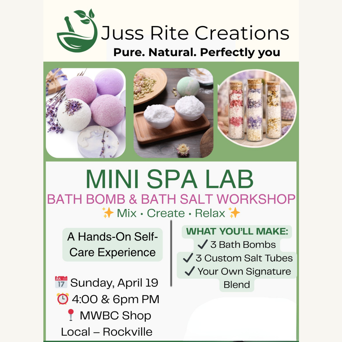 Advertisement for a Mini Spa Lab bath bomb and bath salt workshop with images of bath bombs and salt tubes.