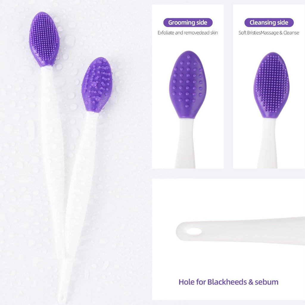 Purple and white dual-sided brush with grooming and cleansing sides on a white background.