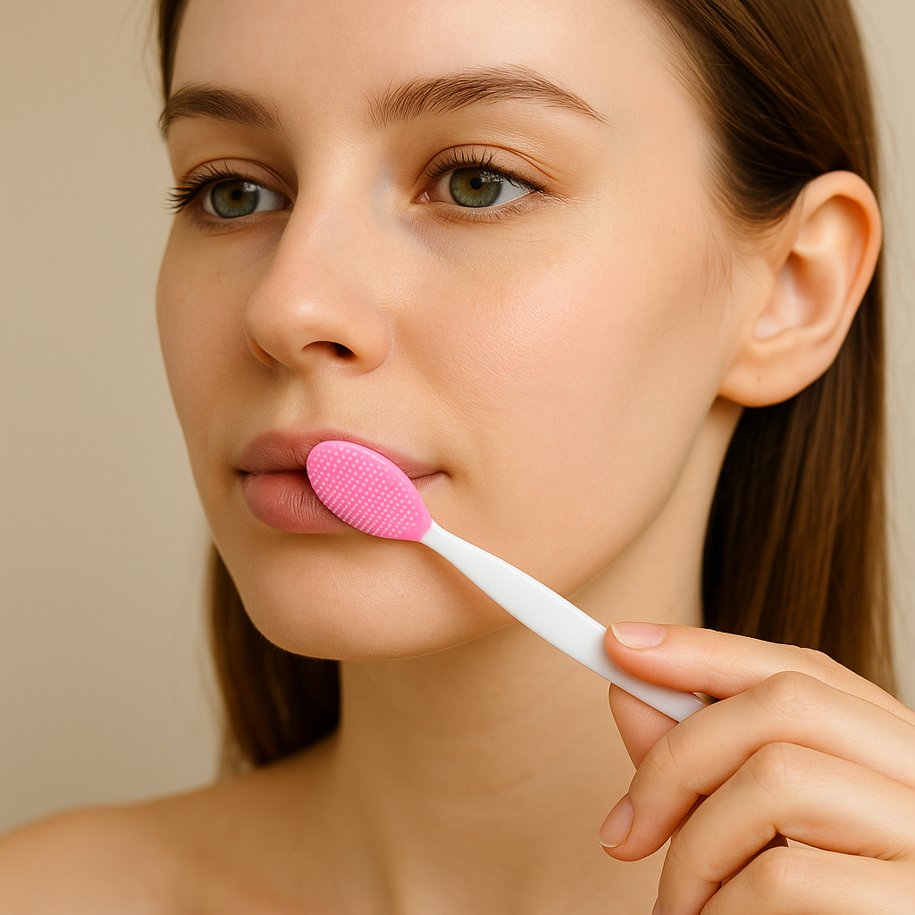 Woman using a pink facial cleansing brush on her face against a neutral background