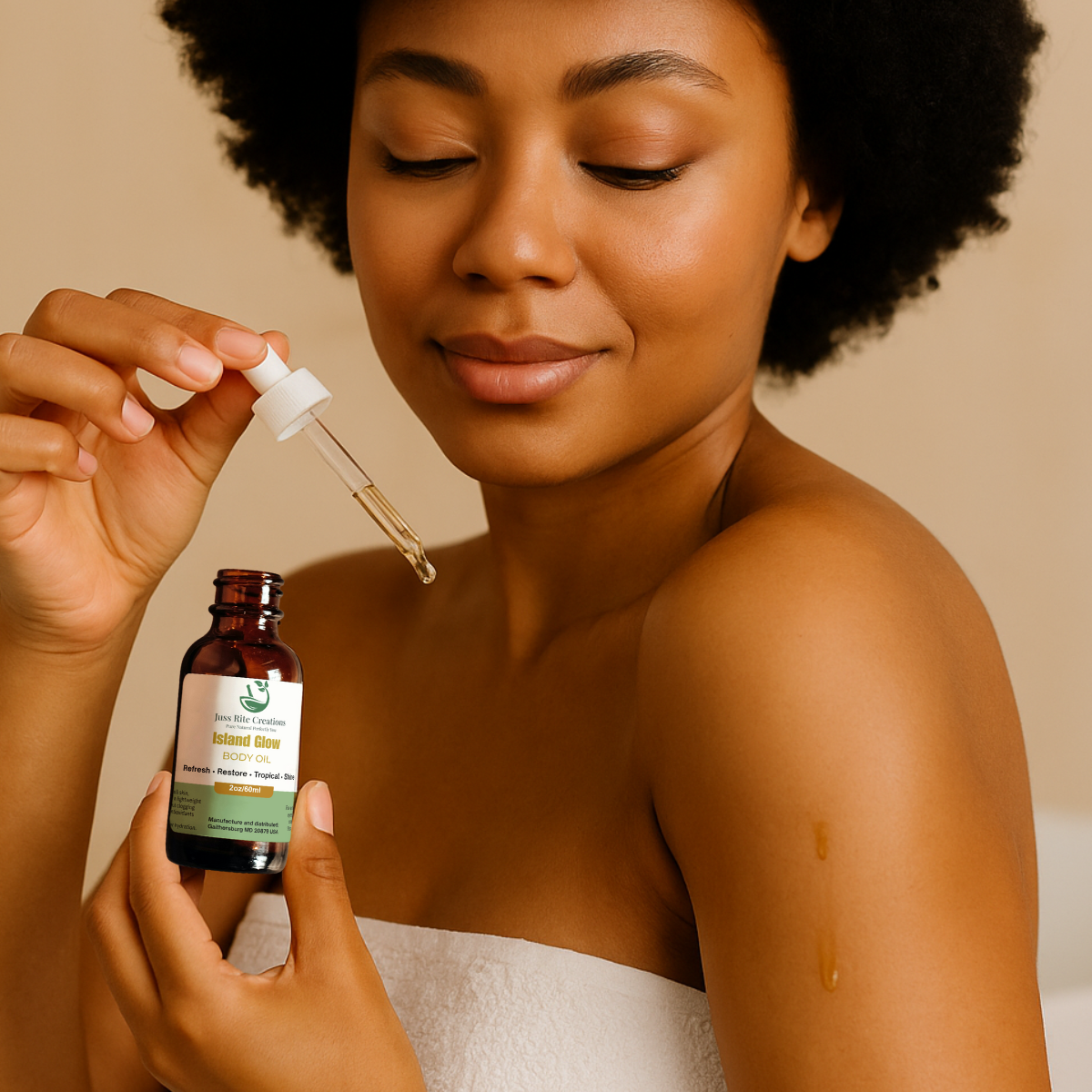 Woman holding a bottle of natural skincare product with a dropper.
