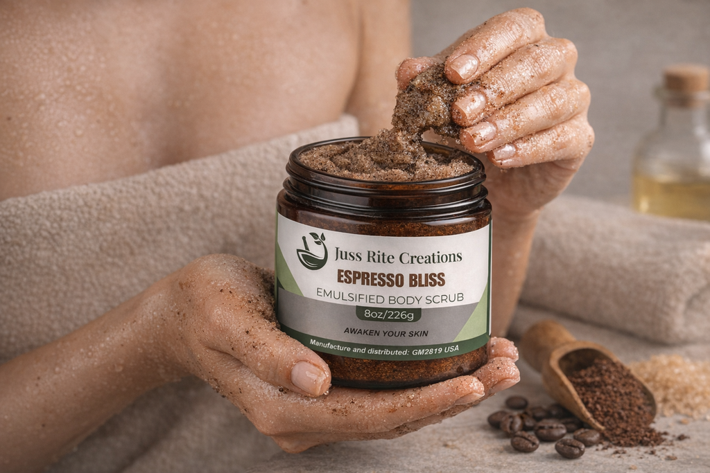 Person holding a jar of 'Espresso Bliss' emulsified body scrub with visible ingredients.
