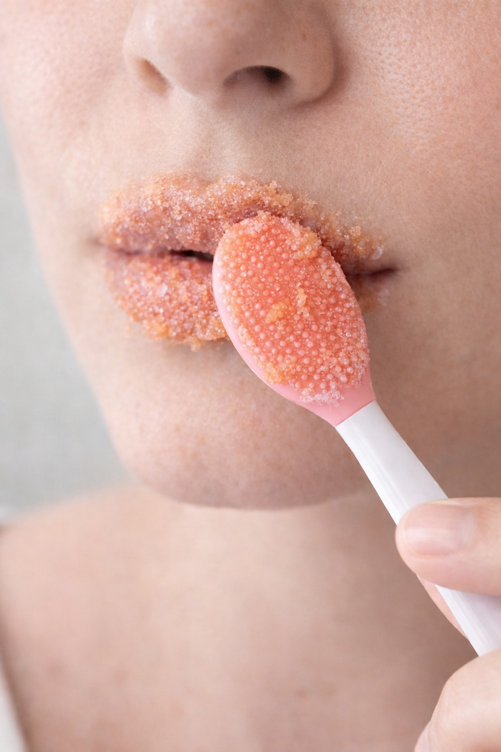 Person applying a lip scrub with a brush to their lips.
