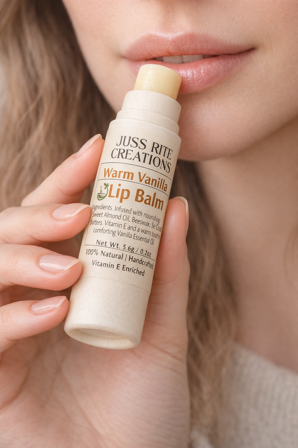 Lip balm being applied to lips with 'Juss Rite Creations' branding.