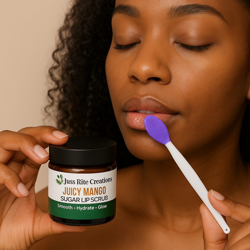 Woman applying Juicy Mango Sugar Lips scrub to her lips with a brush.